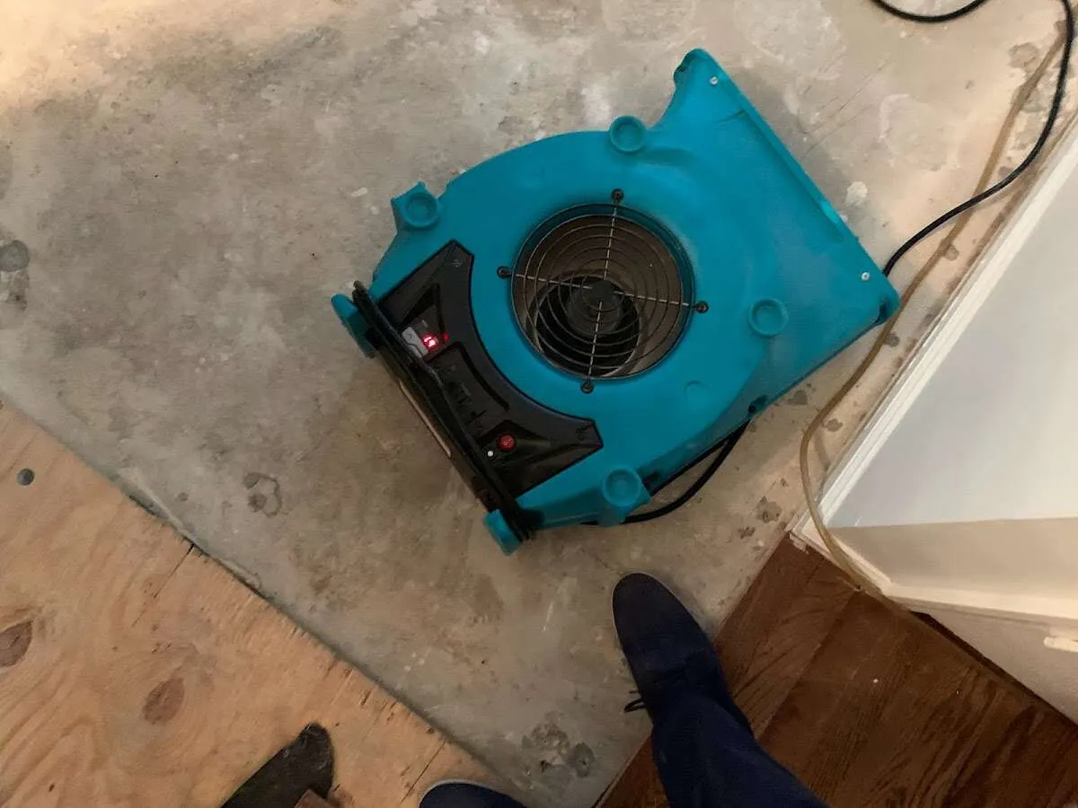 Air mover drying subfloor during Leak Detection & Repair in Valley Center
